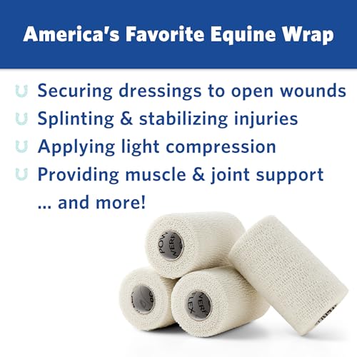 OVIK Health PowerFlex Equine – Extra Strong Self-Adhering Bandage Wrap – Wound Care, Compression & Support Bandage for Horses, Cows & Dogs – White, 4 inch, 4 Rolls (Resealable Case) - color: White