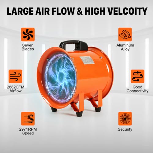 2026 NEW 12 Inch Utility Blower Fan with 16 Ft Flexible Duct Hose, 2882 CFM High Velocity Industrial Ventilation Exhaust Fan, Portable Axial Ventilator with Ball Bearing Motor for Workshop, Jobsite.