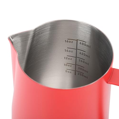 480ML Milk Frothing Pitcher,Steaming Pitcher,Milk Frother Cup,Coffee Frothing Cup 304 Stainless Steel Milk Frother Jug Point Mouth Latte Art Pitcher with Inner Scale(red) - color: Red