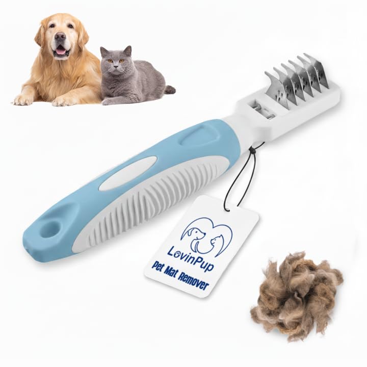 Pet Mat Remover – Professional Dematting Comb for Dogs and Cats | Dematting Comb w/Stainless Steel Rounded Teeth for Gentle Knot & Tangle Removal – Dog Dematting Tools & Dog Grooming Supplies - size: Mat Remover