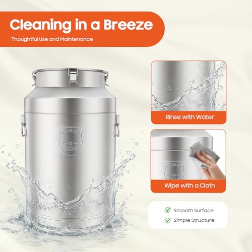 DYNAMI 20Gal 304 Stainless Steel Milk Can with Sealed Lid and Handles,Anti-Leak Liquid Storage Barrel,Food Grade Container for Milk, Liquid,Solid Storage and Transport,Large Opening for Easy Cleaning - size: 20Gal