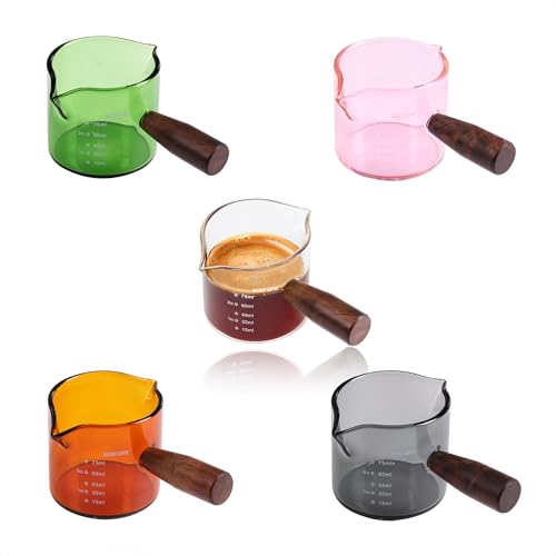 Handmade Espresso Shot Glass Double Spouts 3.5oz with American Walnut Handle, Espresso Measuring Cup, Double Spout Glass Measuring Cup, Milk Frothing Pitcher - color: Clear