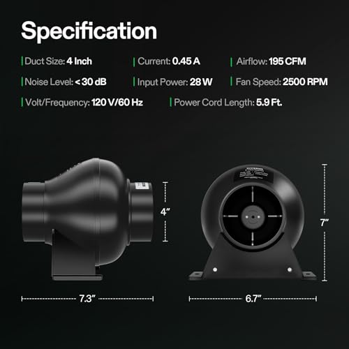 VIVOSUN D4 4" AC Motor Inline Fan, 195 CFM for Ventilation | Exhaust Booster Fan for Grow Tent, Attic, Basements or Kitchen, Hydroponics - size: 4 Inch, style: Basic
