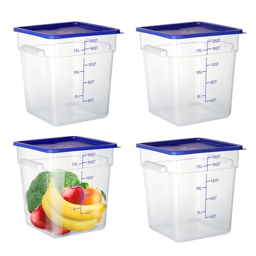 4 Pack 18 Qt Square Polycarbonate Food Storage Containers with Lids | Clear BPA-free PC with lids, side handles, measurement scale and stackable design; for food prep, storage and freezer use. - color: 18Qt