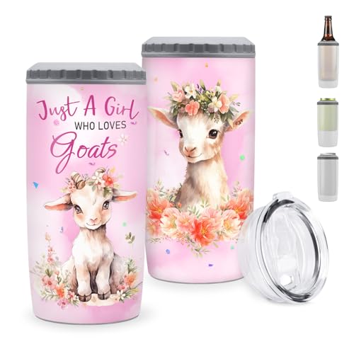Just a Girl Who Loves Goats 4-in-1 Can Cooler Insulated Tumbler Floral 12 oz Slim Cans Bottles Holder Tumblers Travel Water Bottle Farmhouse Style Gift for Farm Girls Lovers