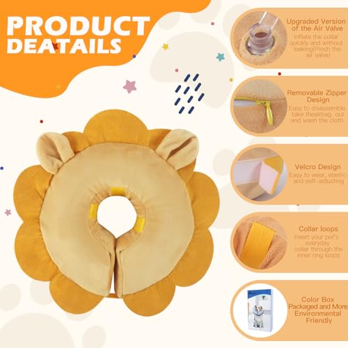 IEUUMLER Inflatable Recovery Dog Collar, Protective Donut Cone, Adjustable Soft Collar for Dog and Cat After Surgery Prevent from Biting & Scratching EU002 - Brown Lion L+ - color: Brown Lion, size: Large + (Neck:18''-20'')