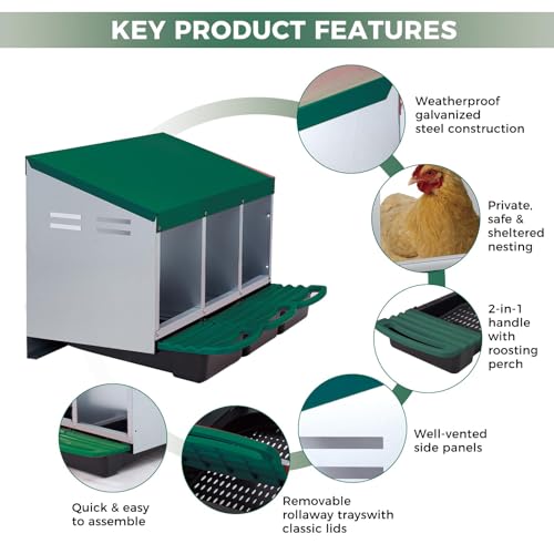 Galvanized Steel Chicken Nesting Box 3 Compartment with Pull Out Tray, Roll Away Nest Boxes for Laying Hens Egg Collection, Wall Mount Poultry Nest Box for Coop with Handle, Green - color: Green, size: 3 Compartments