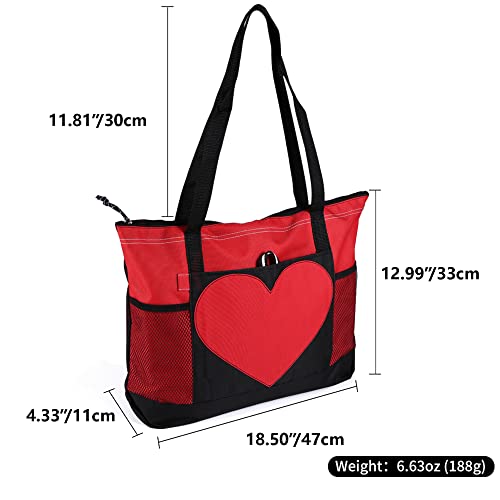 Tote Bag Large Size Shoulder Bag with Zipper, Lightweight Casual Travel Luggage Bag with Two Mesh Pockets for Women - color: Red