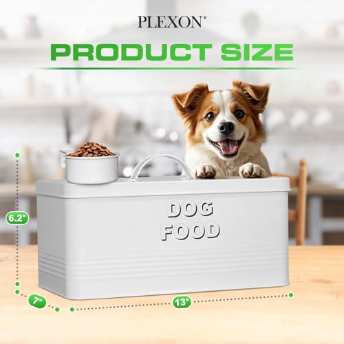 Plexon Metal Dog Food Storage Container with Scoop - Small Dog Food Container 10lbs Holder Treat Jar Bin with Lid - Pet Chow Storage Canister Tin, 2 Gallon, White - color: White, 2 Gall Capacity