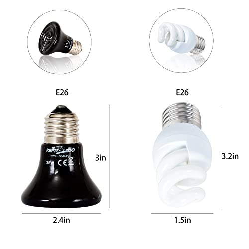 REPTI ZOO Dual Nano Dome Reptile Lamp Fixture Combo Pack Includes 5W Mini Fluorescent UVB Light Bulb & 35W Ceramic Heat Emitter Reptile Heat Lamp Bulb