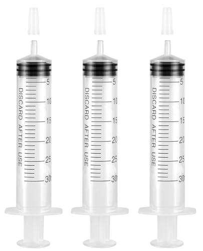3 Pack Plastic 30ml Syringes with Cap, Sterile Syringe Individually Packaged for Labs, Liquid Measuring, Feeding Pets, Oil or Glue Applicator - style: 30ml