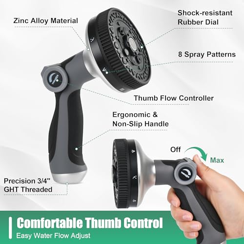 Garden Hose Nozzle, 8 Spray Patterns, 90mm Thumb Control | 8 Spray Patterns, Thumb Control, Zinc Alloy, 3/4" GHT, Universal Fit, Leak-proof - size: 5.24 x 7.58 x 3.94 inches