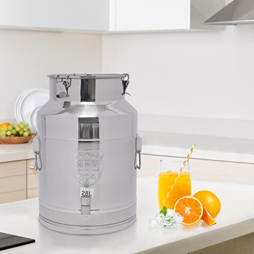 Stainless Steel Milk Can, 28 Liter Seamless Milk Jug Wine Pail Bucket with Spigot 7.4 Gallon Anti-Leak Liquid Storage Container Milk Pail with Sealed Lid Heavy Duty for Milk and Wine (28L with Spigot) - size: 28L with Spigot