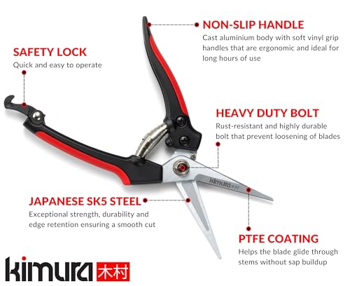 Kimura® 8" Pro Pruning Scissors, Premium Japanese SK5 Hi-Carbon Steel Blades, Non-Slip Vinyl Coated Handles, Lightweight & Ergonomic, Multi-Tasking Pruning Shears, Garden Snips, Precision Clippers - size: 8.2"