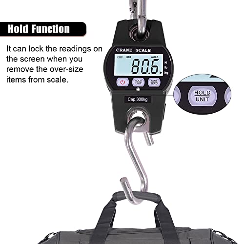Fuzion Hanging Scale 660LB - Heavy Duty Crane Scale with Aluminum Body | Stainless Steel Hook, Hold/Tare Function, Large Display, Digital Hanging Scales for Weighing Animals, Hays, Fish, Luggage - color: Black, size: 660LB