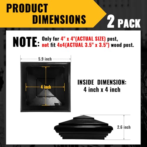 VIVIDA 4" x 4" Vinyl Fence Post Caps, Black New England PVC Post Cap, 2 PCS | Actual 4" x 4", New England Pyramid Post Cap, PVC Square Top Cover, For Vinyl Fences, Mailboxes & Decks - color: Black-2 Pack, size: Actual 4" x 4"