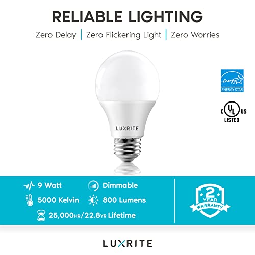 LUXRITE A19 LED Light Bulb 60W Equivalent, 5000K Bright White Dimmable, 800 Lumens, Standard LED Bulb 9W, E26 Base, Energy Star, Enclosed Fixture Rated, Perfect for Lamps and Home Lighting (4 Pack) - color: 5000k (Bright White), size: 4 Count (Pack of 1)