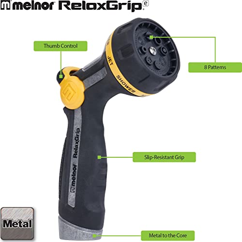 Melnor RelaxGrip Metal 8-Pattern Hose Nozzle: Thumb Operation | 65188AMZ | Comfortable Grip | Less Hand Strain | Lightweight Design | Durable Metal Threads | Trigger Lock - size: 8-Pattern, style: Thumb Control