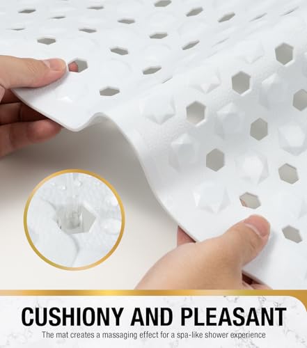 HITSLAM Non Slip Shower Mat, Square Bathtub Mat, 24x24 Inch, White | Diamond Textured PVC Bath Mat With Suction Cups, Shower Stall Mat with Center Drain Hole, Strong Grip, Machine Washable - color: White
