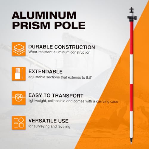 Surveying Aluminum Prism Pole, with Adjustable Adapter and Twist Lock for Land Surveying (8.53 FT/2.6 M) - size: 8.53FT/2.6M
