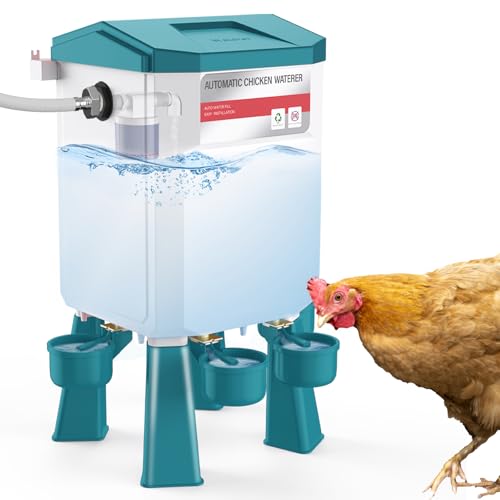 Automatic Chicken Waterer 2 Gallons, Float-Controlled Chicken Water Feeder with 4 Water Cups, 158.4-Inch Hose with 3/4'' and 1/2'' Ends, Large Poultry Waterer for Chick Quail Duck Turkey, Blue - color: Blue