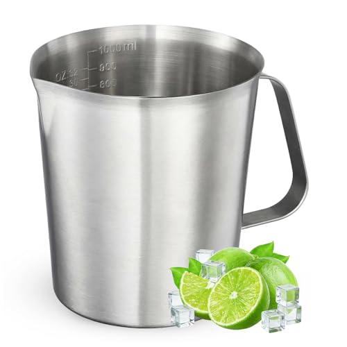 Stainless Steel Measuring Cup 35oz (4 Cup / 1000ml), Heavy Duty Liquid Measuring Pitcher with Handle & Engraved Markings, Metal Measuring Cup for Coffee, Milk, Baking & Frothing - size: 35oz/1000ml
