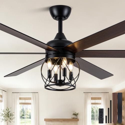 60" Farmhouse Ceiling Fan with Lights Remote Rustic Ceiling Fan | Industrial Black Caged Fandelier Large Moden Chandelier for Living Room Bedroom, 3 Downrods 6 Dual Blades 4 E12 Bulb Bases - color: Caged, size: 60 Inch