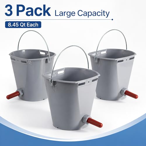 Calf Feeding Buckets, 3 Pack 8.45 Qt Single Teat Feeders | removable teat, with metal hanger, sturdy plastic, for milk feeding calves goats lambs and sheep