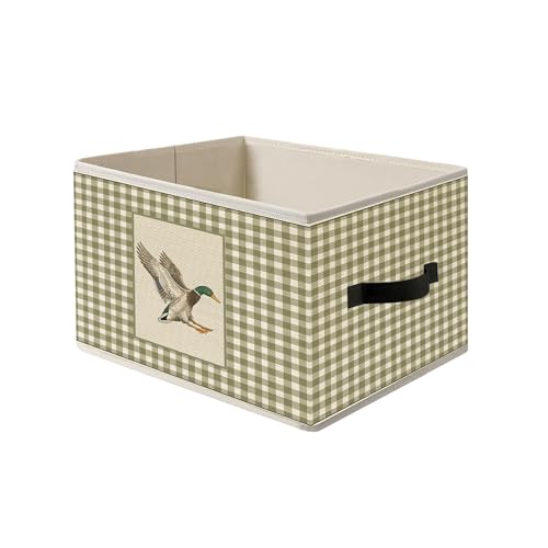 Mallard Duck Canvas Fabric Foldable Storage Bin Basket with Handles | Green Plaid Wild Duck Basket Bin for Kids Playroom Nursery Clothes Toys,Canvas Laundry Room Organization - color: Green Flying Mallard Duck
