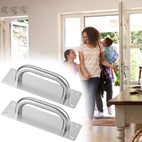 QWORK Pull Push Door Plate Handle 8", 2 Pack Stainless Steel Door Handle Pull Heavy Duty Barn Door Pull Handles with Mounting Screws, 7.9x2.6 Inches