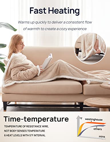Westinghouse Wearable Heated Blanket with Foot Pocket Sherpa 50x70+18 Beige | Electric Snuggle Throw with Foot Pocket, Flannel Sherpa 6 Heating Levels & 2-10 Hours Auto Shut Off, Home Office Use - color: Beige&ivory, size: 70*50" Heated Snuggle Blanket (L