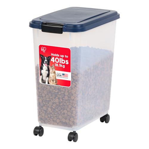 IRIS USA Dog Food Storage Container, Up to 40 lbs, Navy, Made in USA | Wheels for Mobility, Airtight Seal, BPA-Free, Best for Bird Seed, Cat food, Cat Litter, Chicken Feed, Pellets - color: Navy, size: 40 lbs