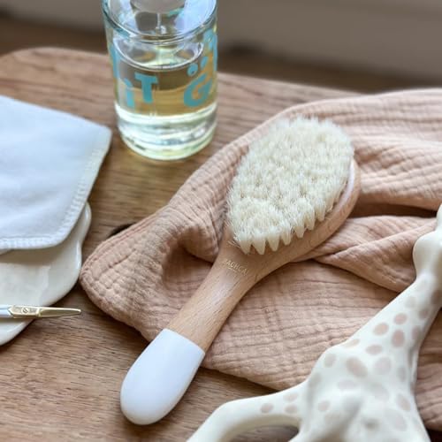 Bachca Baby Hair Brush Gift Box Super Soft Goat Hair Bristles Beechwood Handle & Cotton Pads Grooming Kit Toddler Perfect Baby Registry Gift for Newborns Haircare Baby Shower Essentials