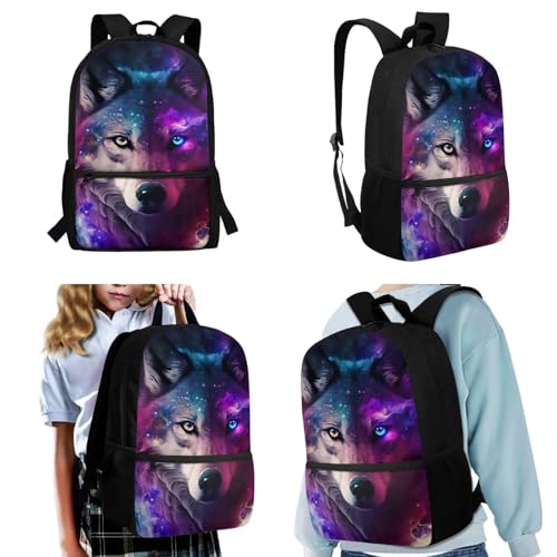 Upetstory Galaxy Wolf Backpack for Girls Boys School Bag with Lunch Box Pencil Purse Kids Schoolbag Elementary Kindergarten Preschool Bookbag Water Bottle Sleeve Book Cover 5 In 1 Set - color: Galaxy Wolf
