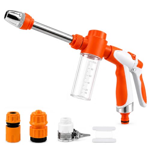 High Pressure Hose Nozzle with Soap Dispenser for Garden Hose | With Adjustable Spray Patterns,3.3 Oz Soap Bottle,Stainless Steel And TRR,For Car Wash, Fit 1/2" and 3/4" Hose