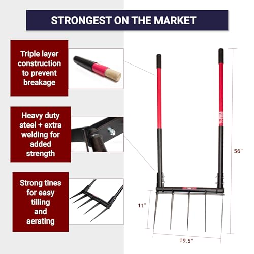 5-Tine Broadfork, Fiberglass Handles, 56" 10-Gauge Steel Fork | Heavy Duty Broad Fork for Tilling, Aerating and Turning Soil, Useful for Garden Beds and Pavers Base Prep, 100% Made in USA