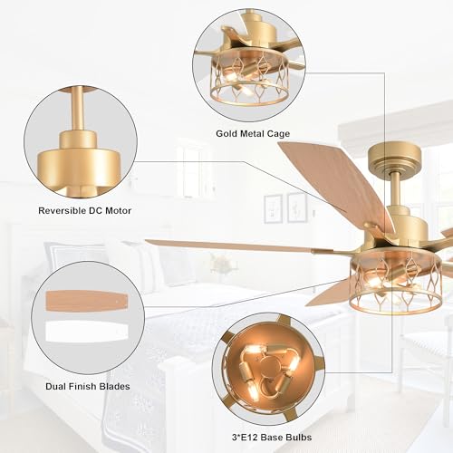 52 Inch White and Gold Ceiling Fan with Lights Modern Fandelier | Industrial Caged Fandalier, Farmhouse Rustic Chandelier Light for Living Room Bedroom, Reversible 6 Speeds, Remote Control - color: Gold, size: 52 Inch