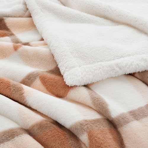 PU MEI Super Soft Faux Rabbit Fur Sherpa Fleece Throw Blanket, Reversible Luxury Cozy Cute Furry Blanket, Plush Warm Shaggy Fluffy Checkered Blankets for Sofa Couch Bed (Beige-Plaid, 80" x 90") - color: Beige-plaid, size: 80"*90"