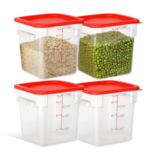 4 Pack 8QT Square Food Storage Containers with Lids | Clear NSF polycarbonate containers with scale, label and measuring cup, stackable for prep, storage, freezer. Dishwasher safe - color: 8Qt