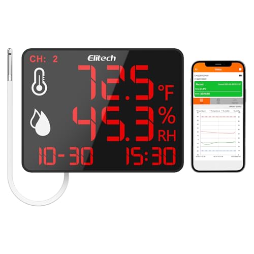 Elitech Bluetooth Hygrometer Thermometer Reusable Temperature Recorder Data Logger Temperature Humidity with Large Screen Data Storage Export, DR-230-THE with External Temperature and Humidity Sensor - color: Bluetooth, size: Single External Probe