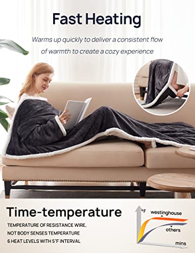 Westinghouse Wearable Heated Blanket with Foot Pocket Sherpa 50x70+18 Grey | Electric Snuggle Throw with Foot Pocket, Flannel Sherpa 6 Heating Levels & 2-10 Hours Auto Shut Off, Home Office Use - color: Grey&ivory, size: 70*50" Heated Snuggle Blanket (Lon