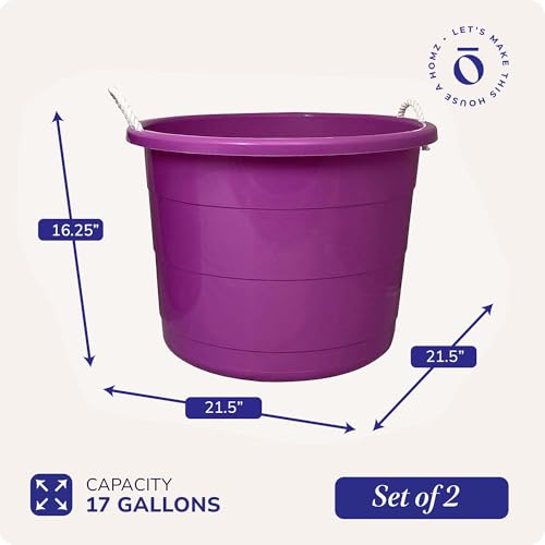HOMZ Utility Tub, Storage Bucket with Rope Handles, 18 Gal, Purple, 2 Pack | Portable Plastic Container, Indoor and Outdoor Bucket for Kitchen, Laundry, Garden, Bathroom, and Garage Organization - color: Purple