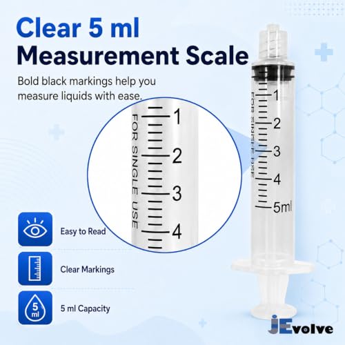 100 PCs Dental Grade 5ml Syringe Without Needle by JEVOLVE | Clear Rubber Head Non Sterile Syringes Perfect for Scientific Labs, Industrial Art & Crafts