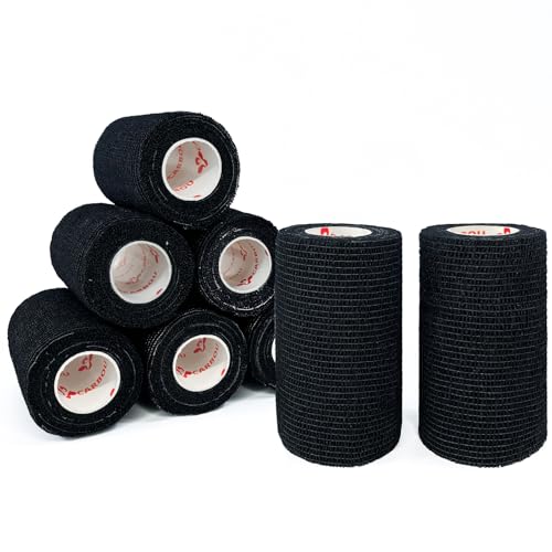 Carbou Self Adhesive Bandage Wrap 4" x 5yd 8ct Vet & Athletic Black | Vet Wrap Elastic Cohesive Bandage Self Adherant Non-Woven Wrap for Wrist, Ankle, Hand,First Aid Medical Stretch Wrap - color: Black, size: 8 Count (Pack of 1)