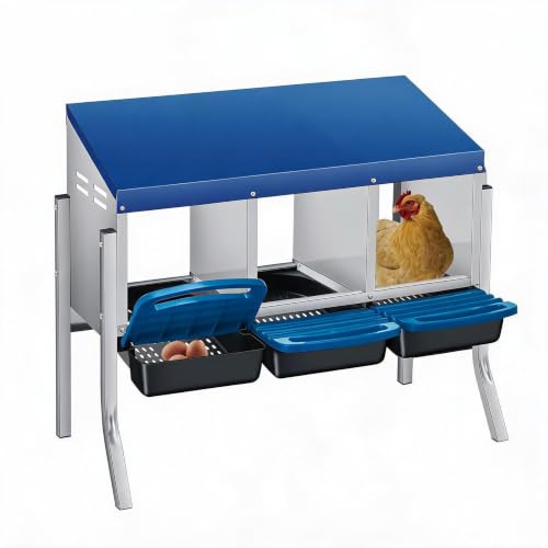 PrecisionAuto Chicken Nesting Box, 3 Compartment with Support Legs Automatic Roll Away Egg Collection, Ventilated Galvanized Steel, Wall Mount or Freestanding Hen Coop Accessory, Blue - color: Blue