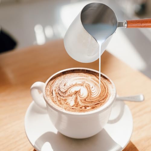 12 oz Milk Frothing Pitcher 350ml Stainless Steel Milk Steamer Cup | Wood Handle for Coffee Espresso Machines Accessories