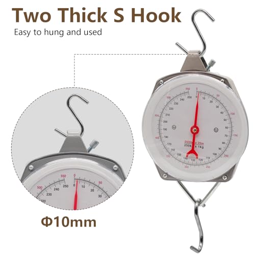 Hanging Spring Dial Scale, Fish Scales Digital Weight, 550lbs/250kg Capacity, Big Game Scale, Mechanical Kitchen Weighing Large Food Scale with 2 S-Hooks for Fishing Hunting Luggage - size: 550 lbs