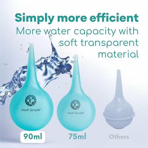 Medi Grade Ear Wax Removal Bulb Syringe 3.04 fl oz, Ear Cleaner Irrigation | Easy-squeeze ear syringe 90ml with quad stream tip, gentle ear cleaning tool for adults and kids, safe ear flushing at home - size: 90ml
