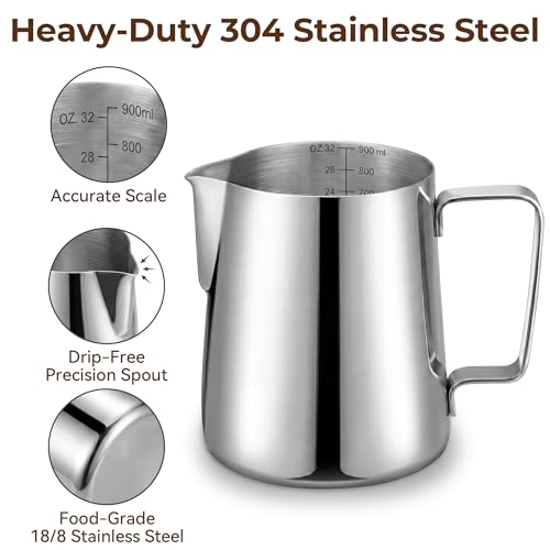 Vakoo Milk Frothing Pitcher, 32oz, 304 Stainless Steel Frother Cup | Dual Scale, Latte Pen Included, Barista Grade, for Espresso Machine, Coffee, Cappuccino, 12oz/20oz/32oz Available - size: 32 Ounces