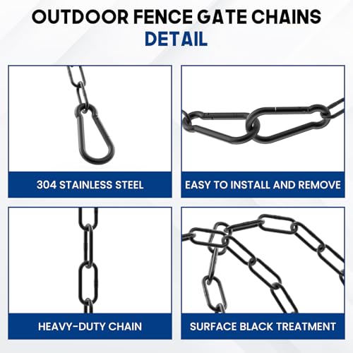 20 Inch Gate Chain Lock with Carabiner | Stainless Steel Chain Link Gate Lock, 2Pcs Barn Chain for Outdoor Fences Gates Pet Cages Livestock Corrals, Black
